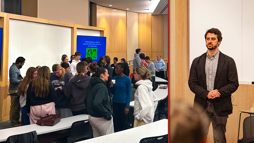 Image of Students at the Hold the Line on Hunger event (left) with speaker Sam King (right). Left photo by Tori Hegenauer '27. Right photo by Emily Portnov ‘29/Marist University.
