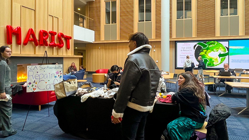 Image of fashion students ready to repair tattered clothes to promote sustainability. Photo by Cira Shaw ‘26/Marist University.