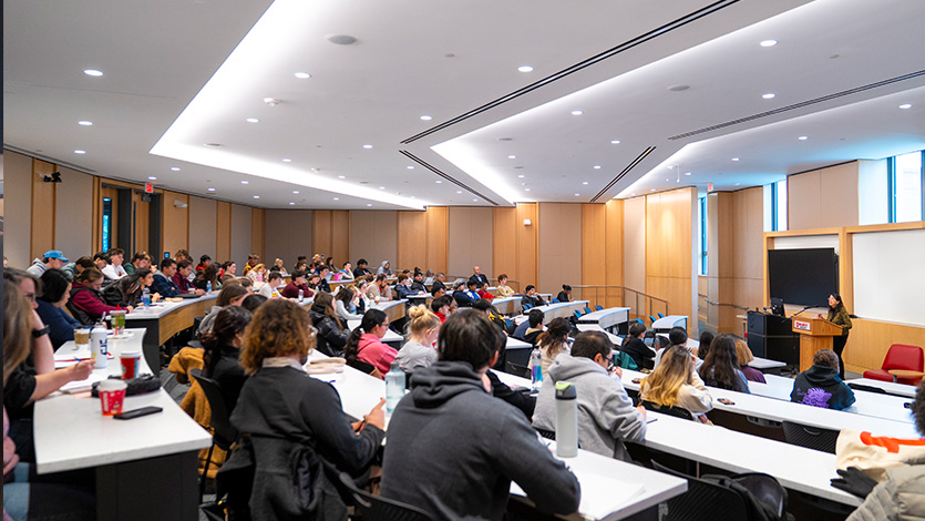 Image of Joan Murray speaking to the Marist community in the Dyson Center.