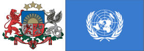 Image of a Latvian flag and a UN flag.