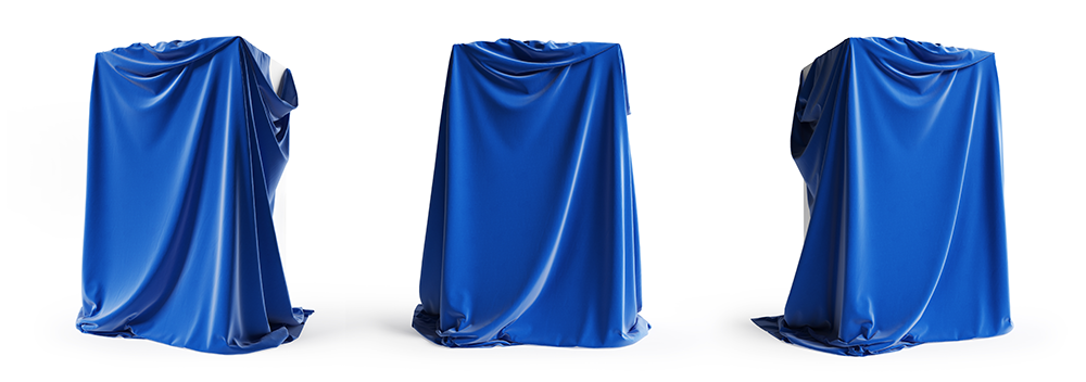 Adobe Stock image of three objects with a blue drape over them for an unveiling.