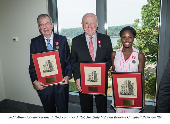An image of 2017 Alumni Award recipients Tom Ward '69, Jim Daly '72, and Kadeine Campbell Peterson '09