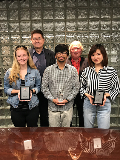 An Image of business Competition (l-r) Madeline Durand, Dean Lawrence Singleton, Prateek Samal, Professor Detelin Elenkov, and Yihan Wang (Not pictured: Natasha Cacho)