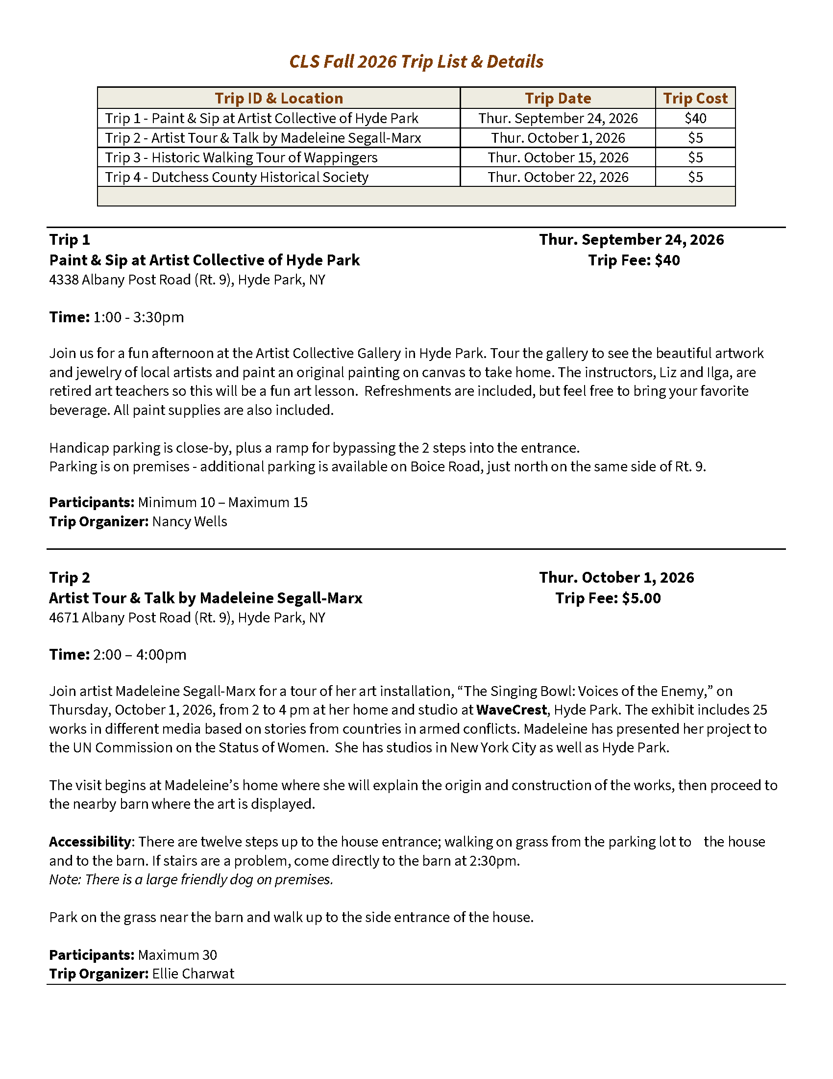 Image of the cover page for the CLS Trip List and Schedule