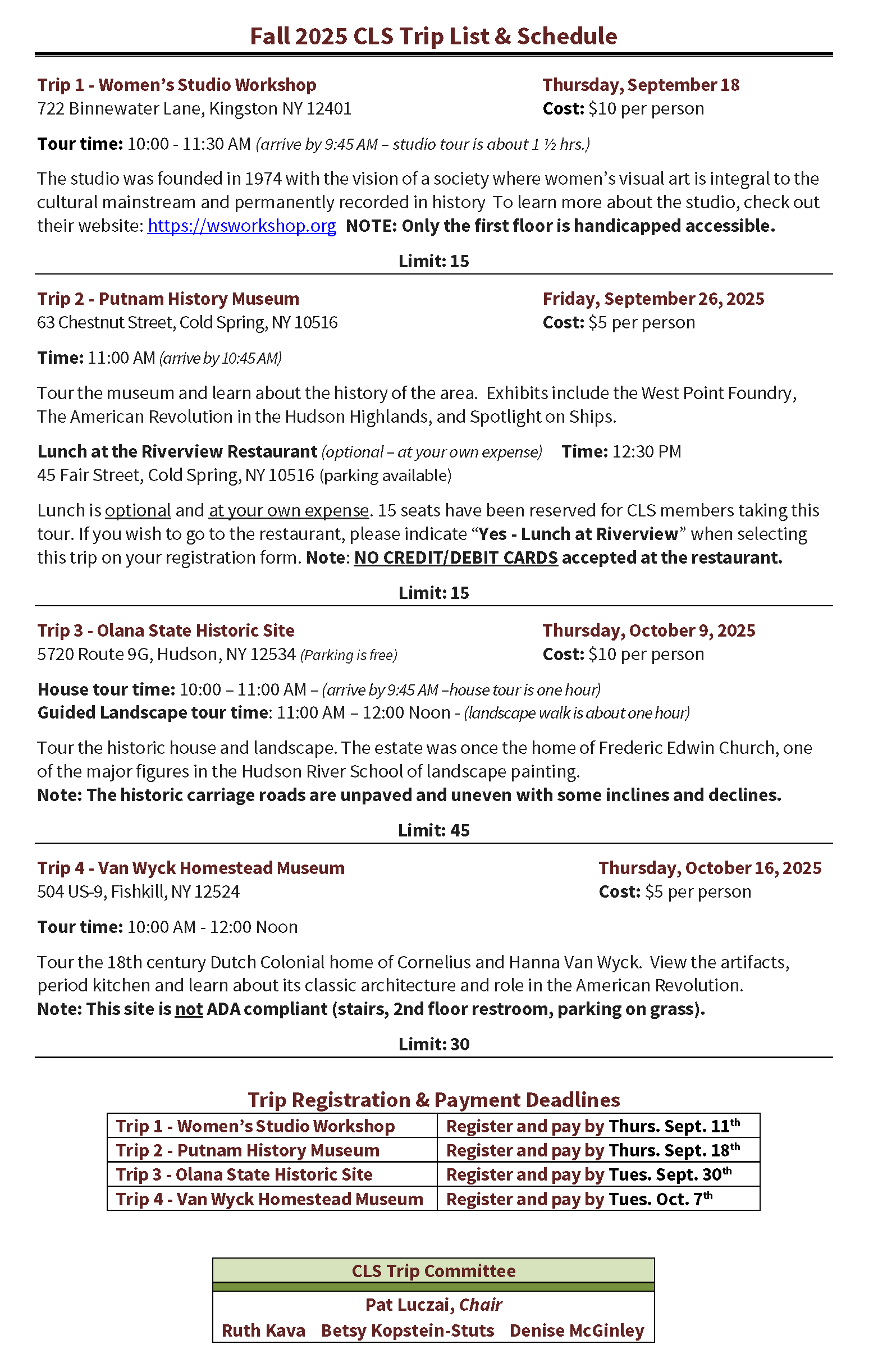 Image of the cover page for the CLS Trip List and Schedule