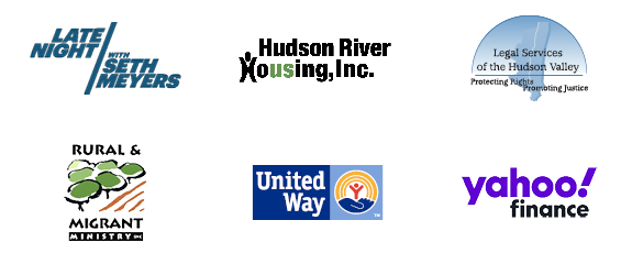 Logos of Political Science internship locations: Late Night With Seth Myers, Hudson River Housing, Legal Services of the Hudson Valley, Rural and Migrant Ministry, United Way, and Yahoo! Finance.