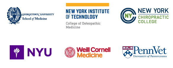 Logos of pre-health post-graduate opportunities: Georgetown Medical School, New York Institute of Technology College of Osteopathic Medicine, New York College of Chiropractic Medicine, New York University, Cornell University College of Medicine, University of Pennsylvania School of Veterinary Medicine