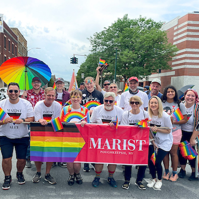 Image of a group from the Marist community at the Poughkeepsie Pride parade.