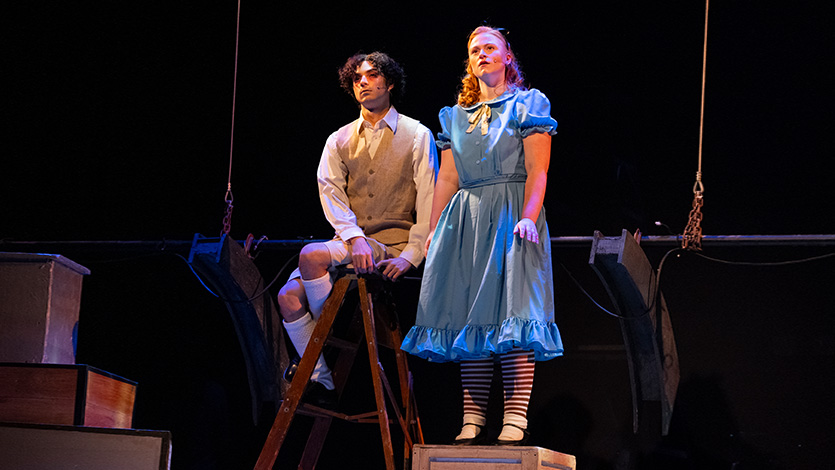 Image of Nick Ferrari '27 and Megan Metivier '28 in Alice by Heart at Marist University.