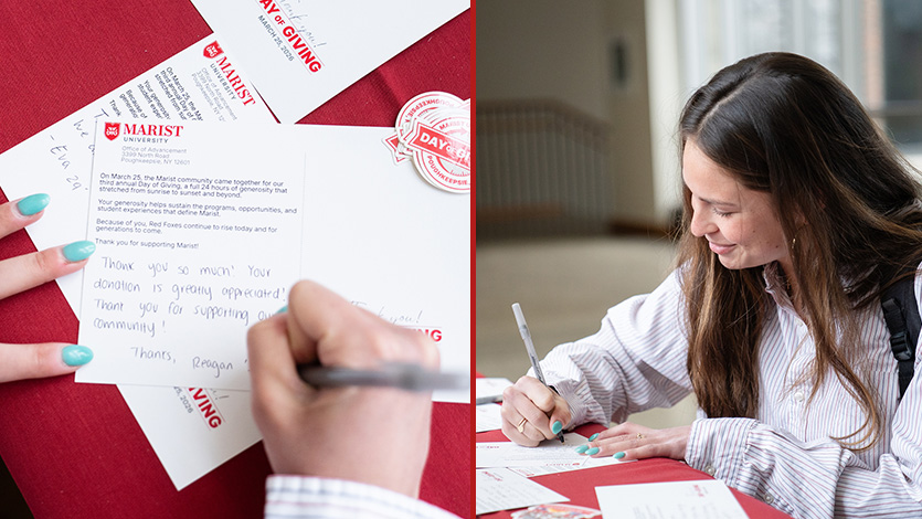 Side-by-side images of students writing letters.
