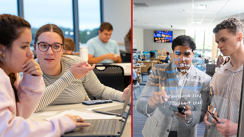 Side-by-side images of students in the Dyson Center (Left, social work classroom; Right, Investment Center)