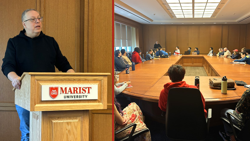 Side-by-side images of Ron Marz networking event in the Hancock Center.