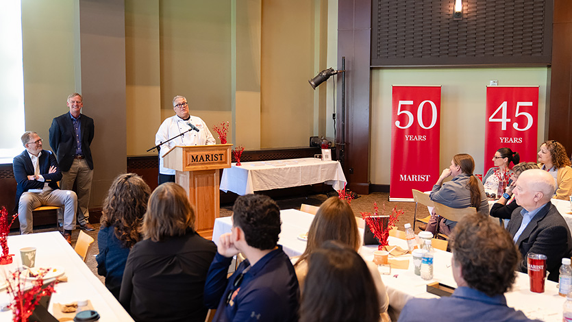 Image of Jay Misasi reflects on his 36-year career as a chef during the Milestone and Farewell Reception. Photo by Nelson Echeverria/Marist University.