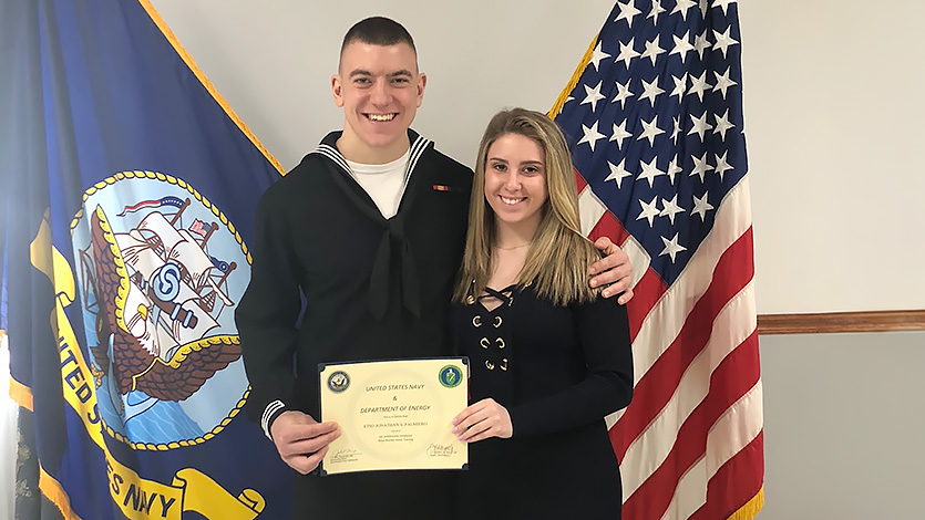 Marist University Image: Jonathan standing with his sister Arianna Palmiero ’22/’23M at his nuclear power school graduation. Photo courtesy of Jonathan Palmiero ’26.