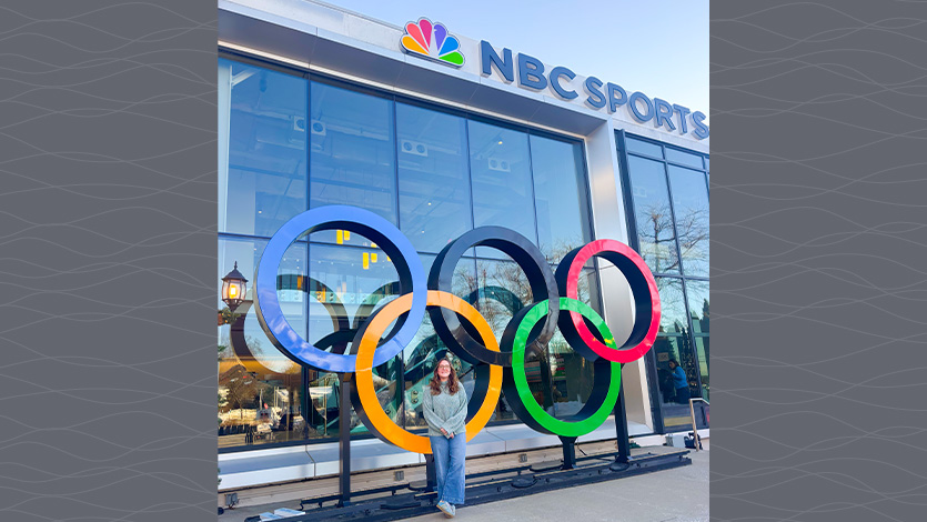 Marist University image: Cara Lacey '27M outside the NBC studios in Stamford, Connecticut during the Winter Olympics.