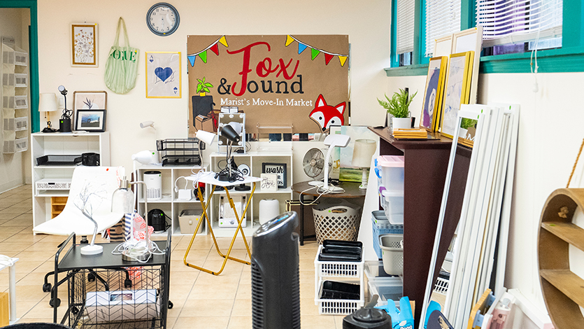 Image of A Fox & Found poster hangs in one of several rooms filled with donated decorations, furniture, and items ready for a second life. Photo by Carlo de Jesus/Marist University.&nbsp;