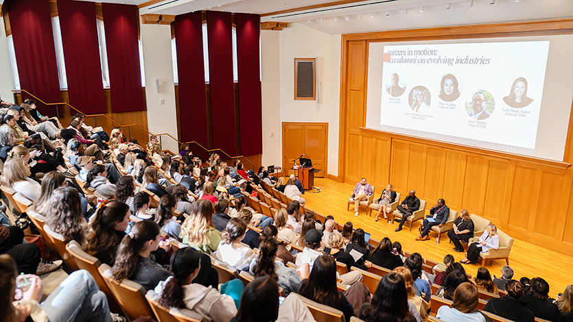 Image of alumni panel in Fusco Hall.