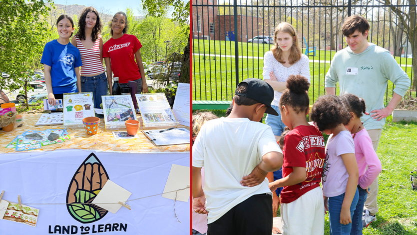 Image of Left photo: (from L-R) Tori Hegenauer ’27, Kiki Wiehe ’26, and Tazaliyah Barnes ’28 at an Earth Day Event. Right photo: Jenna Labadessa ’28 (left) and Luke Feury ’26 (right) interact with kids during a garden lesson. Photos courtesy of Land to Learn.