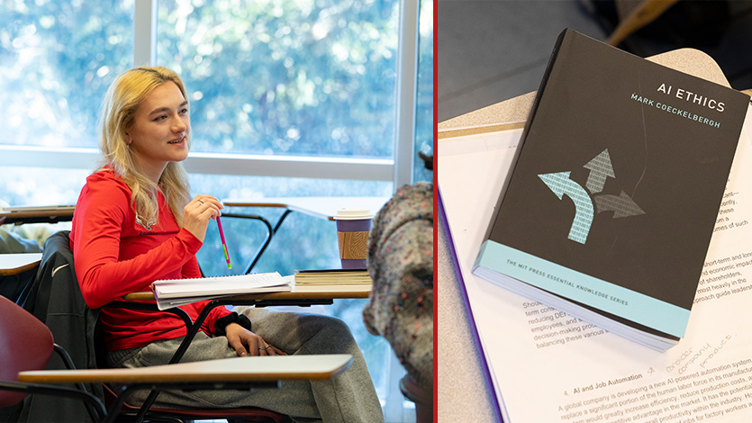 Marist University image: Carolyn Orcutt '27 and her textbook during a class discussion. 
