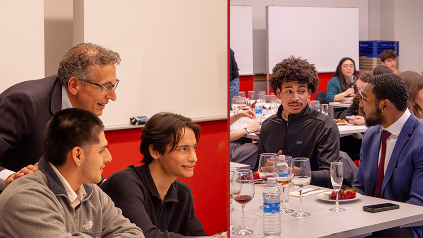 Image of Students listen to dining etiquette tips from Master Sommelier, Vincenzo Lauria at the Professional Etiquette Luncheon. Photo by Alyssa Walrad/Marist University.
