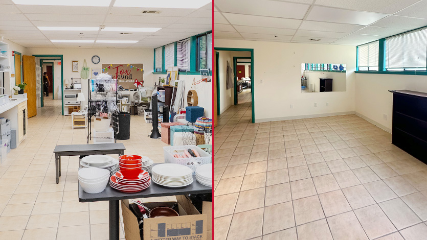 Image of The before and after of just one room that was once overflowing with collected items and furniture and now sits completely empty. Left photo by Carlo de Jesus/Marist University. Right photo courtesy of Ari Venture ‘27.&nbsp;