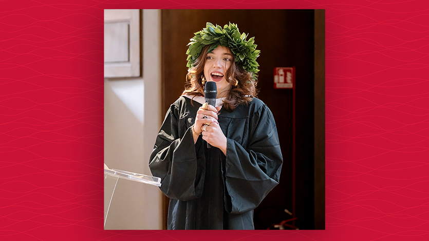 Image of Jordan Rainey '26 speaking at Marist Italy Commencement.
