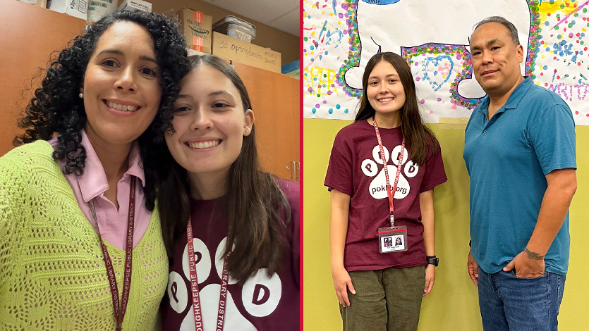 Image of Tori Hegenauer '27 with her library mentors&nbsp;Isa Ramirez-Pagan (left) and&nbsp;John Torres (right).&nbsp;Photos&nbsp;courtesy of&nbsp;Isa Ramirez-Pagan and&nbsp;John Torres.&nbsp;