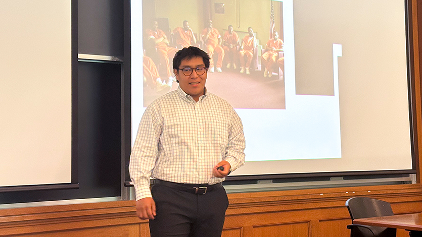 Image of Sebastian&nbsp;Vega '27&nbsp;presents his final project to a room of faculty, peers, and supervisors from&nbsp;partner organizations. Photo by Tori Hegenauer '27/Marist University.&nbsp;
