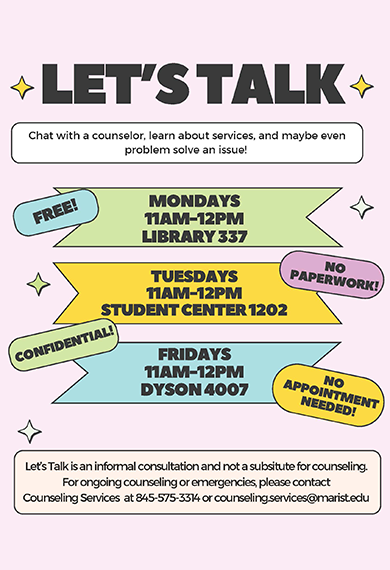 Image of Marist University's Counseling Services flyer for their "Lets Talk" series.
