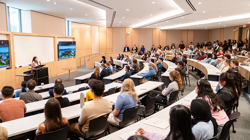 Image of Students and faculty fill the O’Shea Lecture Hall in Dyson to hear Keynote speaker Dr. Cathy Mulzer ’11. Photo by Nelson Echeverria/Marist University.