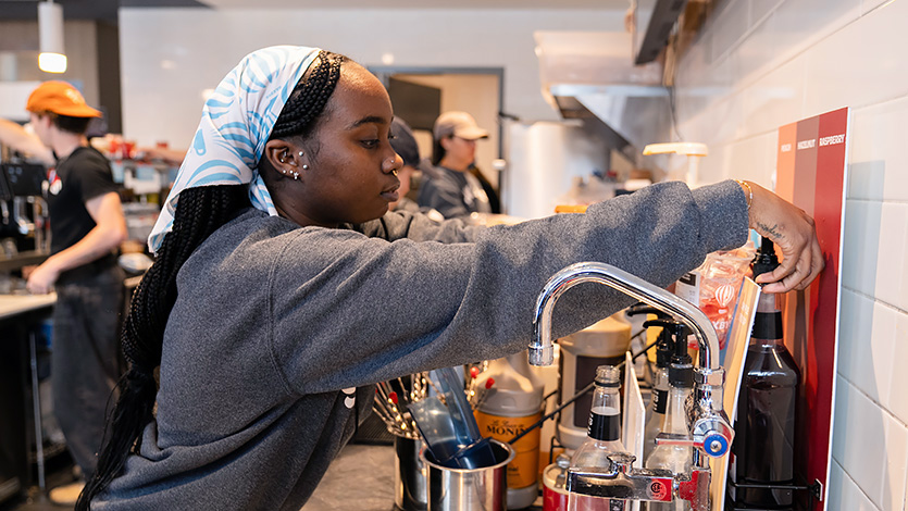 Marist University Image: Students prepare food and beverages at Saxbys in December 2025.