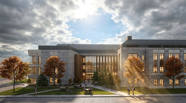 Image of a rendering of the entrance to the proposed Science and Health building, connected to the existing Allied Health building at Marist University.