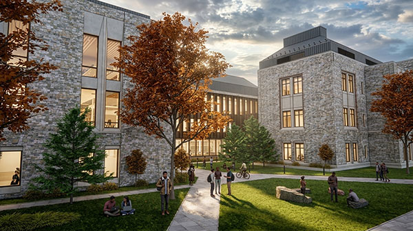 Image of a rendering of the entrance to the proposed Science and Health building, connected to the existing Allied Health building at Marist University.
