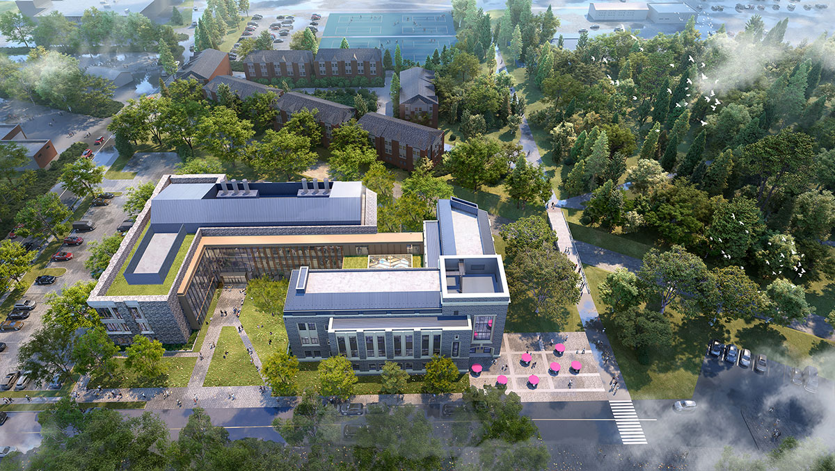 Image of a rendering of the proposed Science and Health building, connected to the existing Allied Health building at Marist University.
