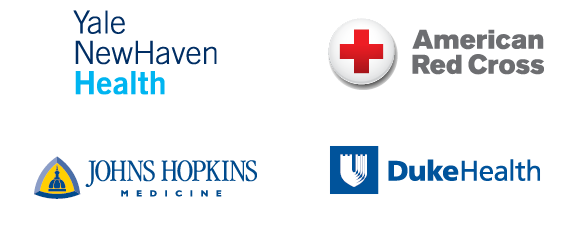 Logos of medical technology post-graduate destinations: Yale New Haven Health, American Red Cross, Johns Hopkins Medicine, Duke Health