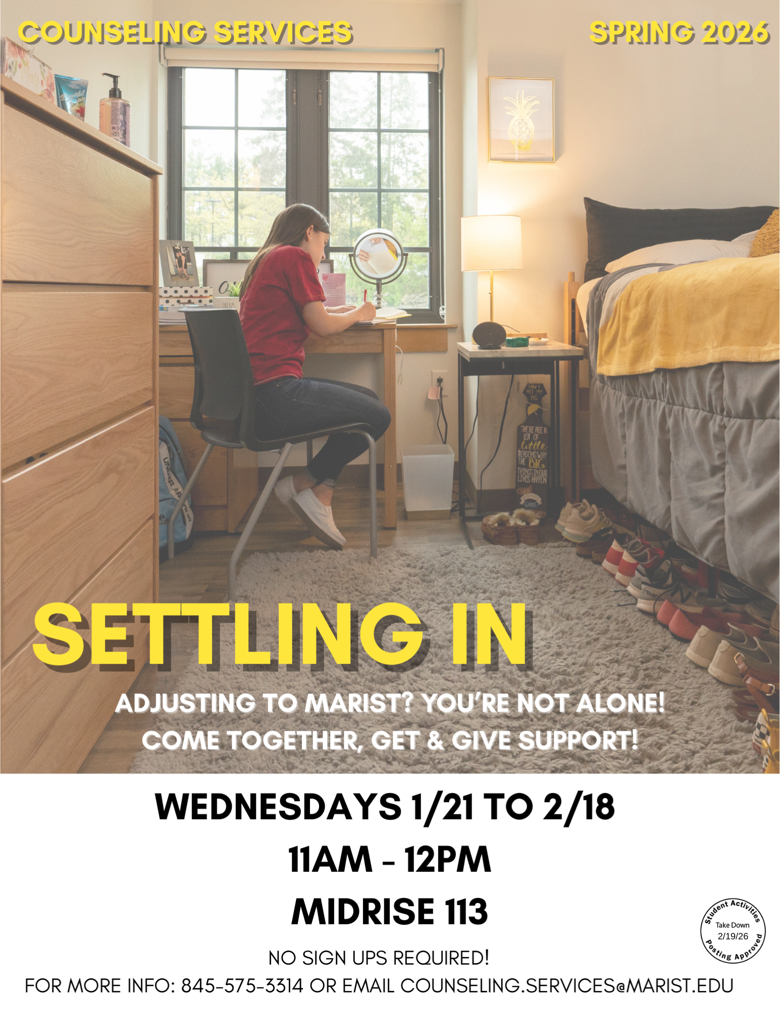 Image of Marist University's Counseling Services flyer, titled "Settling In"