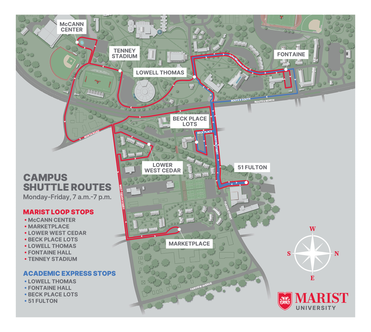 Image of the Marist Shuttle map with red and blue routes.