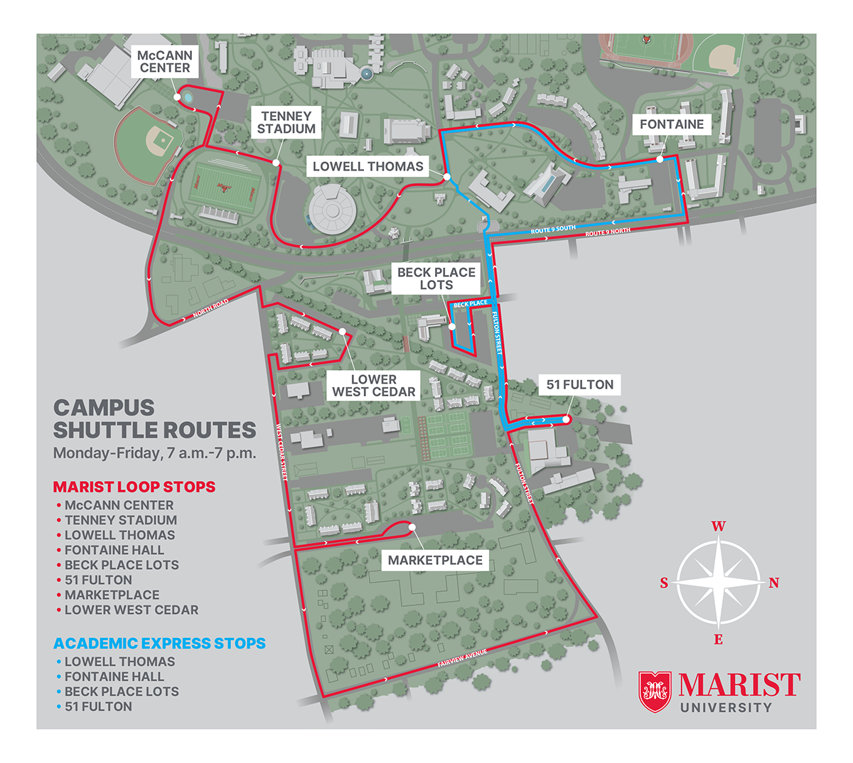 Image of the Marist Shuttle map with red and blue routes.