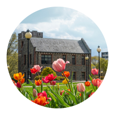 Image of the Marist campus with blooming flowers in the foreground.