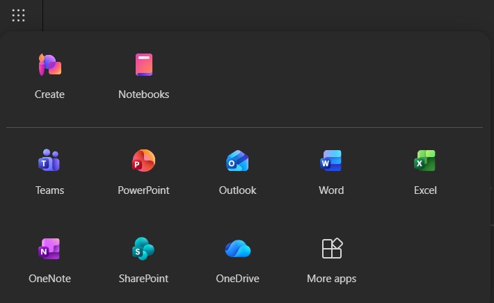 Updated view of the menu for Microsoft 365 that includes Create, Notebooks, Teams, PowerPoint, Outlook, Word, Excel, OneNote, SharePoint, OneDrive, and More apps