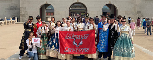Image of Vania Osoemoje, Presidential Fund for Equity recipient, and other Marist students, in South Korea.