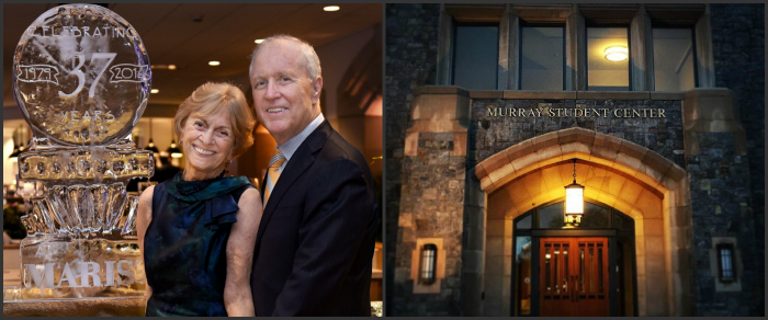 An image of Dennis and Marilyn Murray, and an image of the Murray Student Center