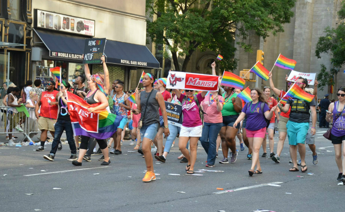 An image of Marist students, faculty, staff, and alumni marching in the NYC Pride parade